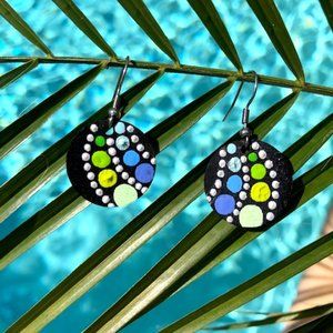 Blue & Green Mandala Dot Handpainted Earrings